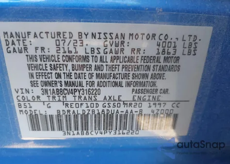 2023 Nissan Sentra Sv z USA, uszkodzony, nr VIN 3N1AB8CV4PY316220